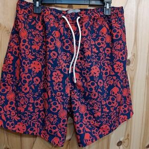 Berkley Jensen Mens Swim Shorts Red Blue Skull Drawstring Sz Large Floral‎ Lined